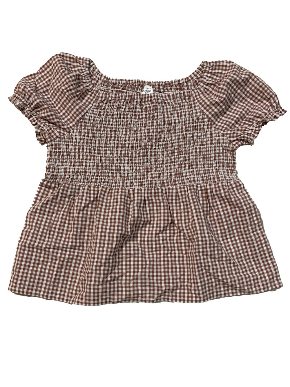 OshKosh Brown & White Gingham Checkered Smocked Short Puff Sleeve Girls’ Blouse